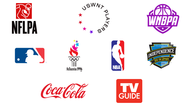 logos: NFLPA, USWNT Players, WNBPA, Coca-cola, Atlanta 1996, NBA, MLB, TV Guide, Philadelphia Independence